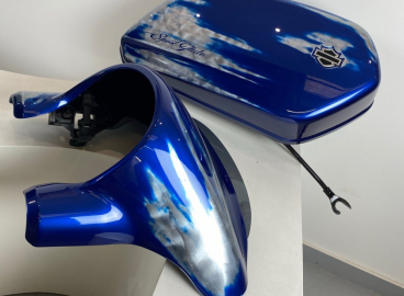 Peinture personnalisée Bleu patine tôle disquée Harley Davidson - French khustom by Art mattwell’s,